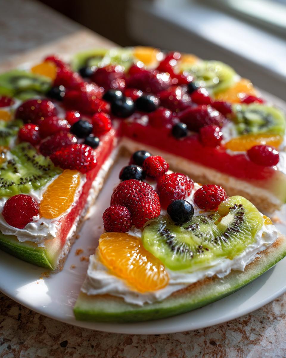 A slice of watermelon fruit pizza topped with whipped cream and fresh berries, kiwi, and orange slices.