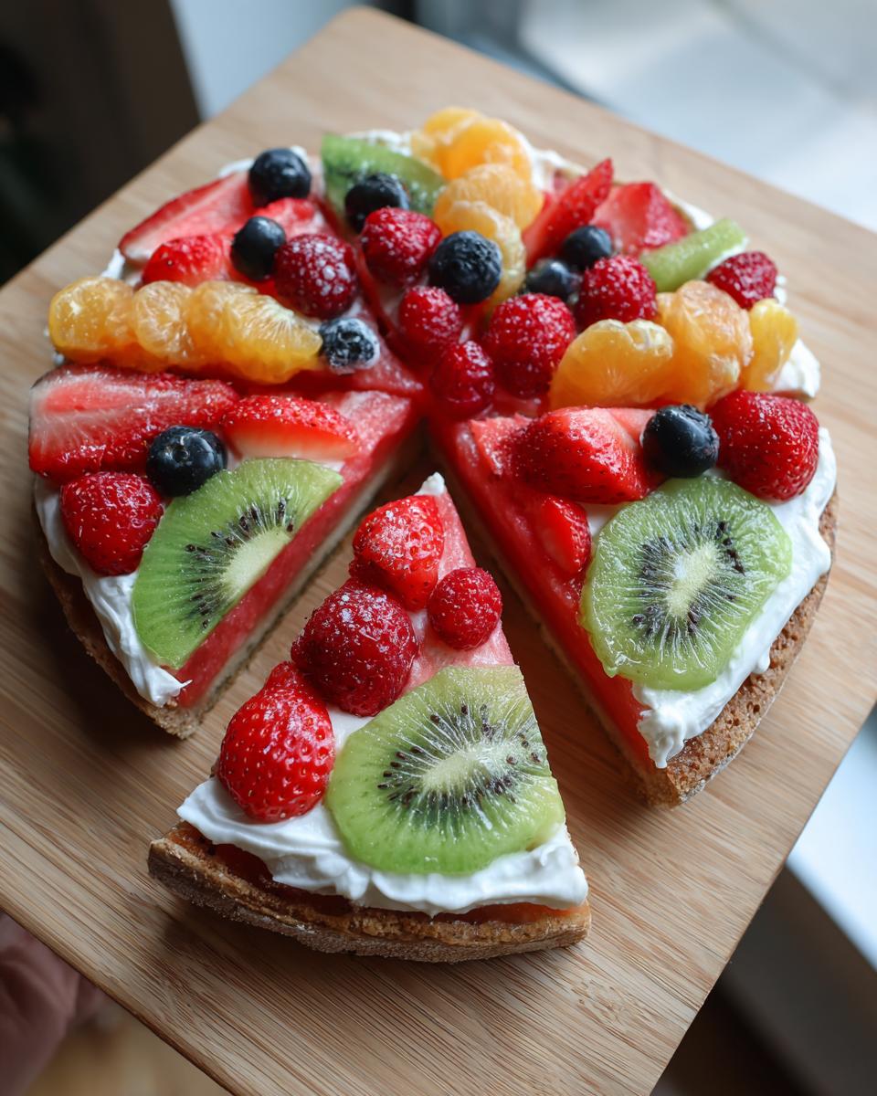 A refreshing Watermelon Berry Fruit Pizza topped with fresh strawberries, blueberries, raspberries, kiwi, and mandarin oranges.