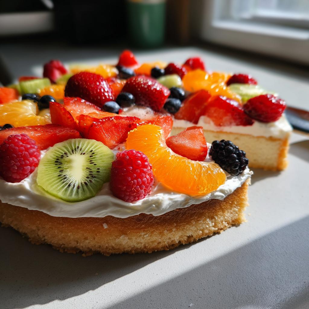 A vibrant summer dessert pizza topped with fresh berries, kiwi, oranges, and cream, featuring a watermelon base.