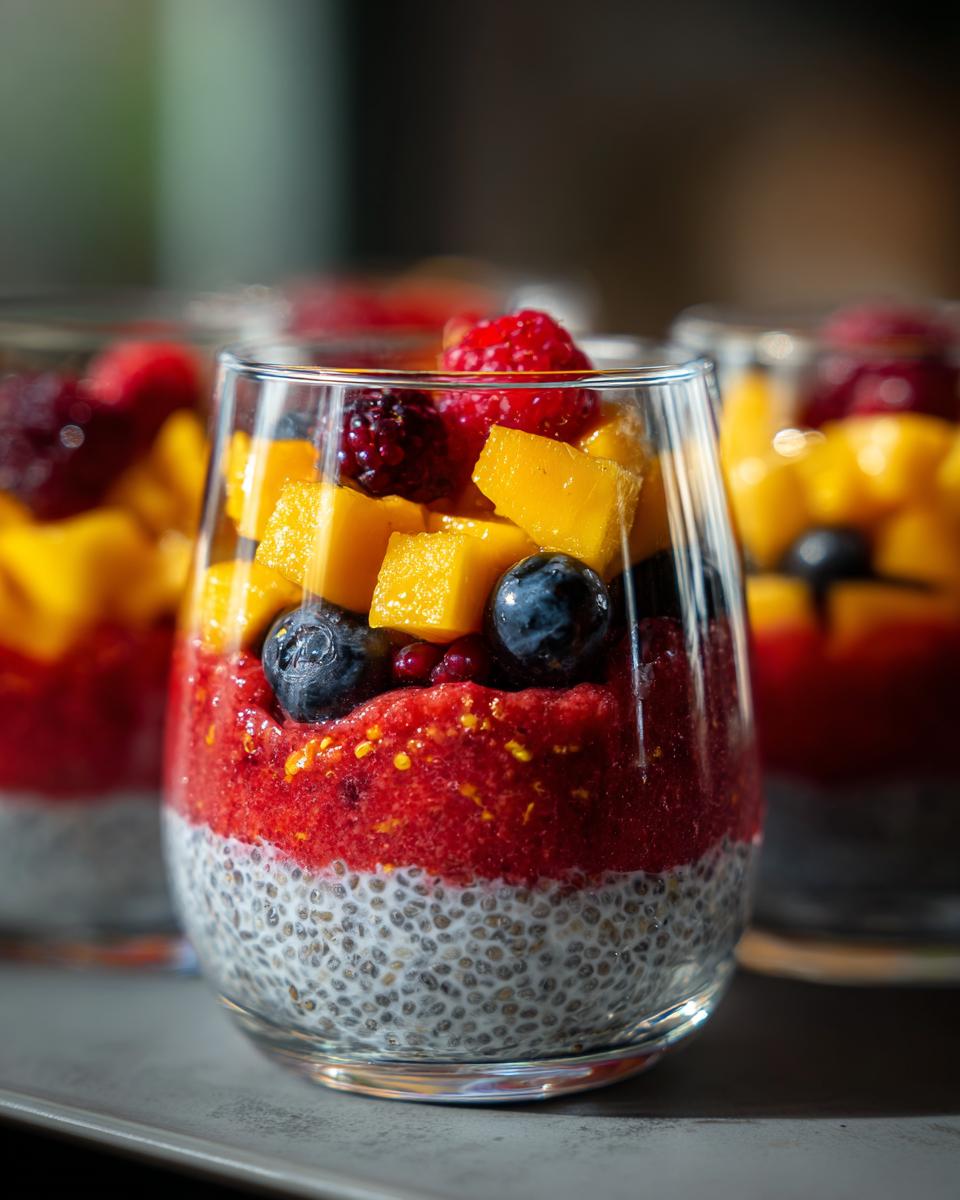 Close-up of a layered Watermelon Chia Parfait with fruit, featuring chia pudding, fruit puree, and fresh berries and mango.