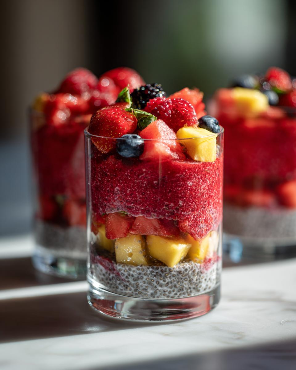 Close-up of a layered Watermelon Chia Parfait with fresh berries and pineapple chunks.
