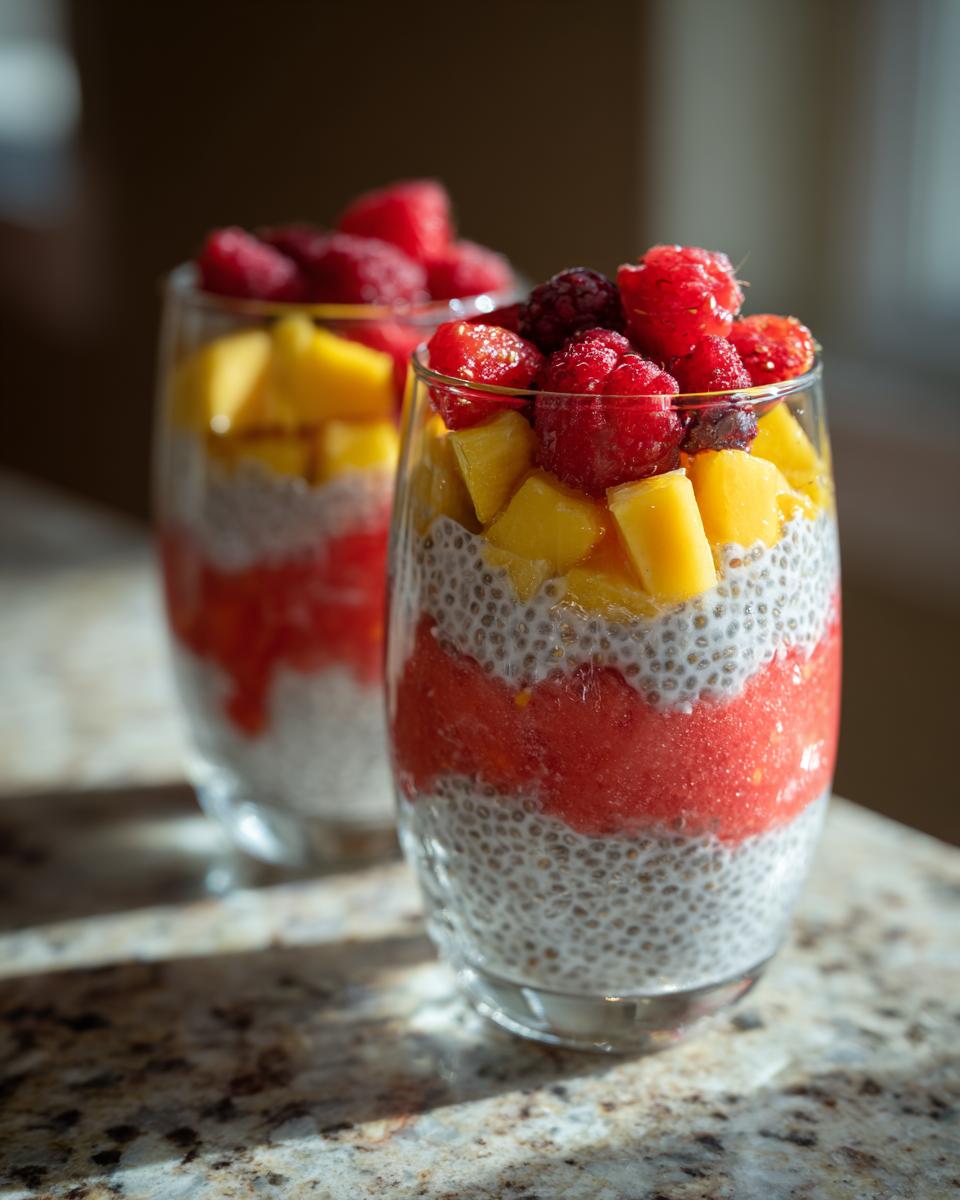 Two glasses of layered watermelon chia parfaits with mango and raspberries on top. Watermelon Recipes for Chia Parfaits With Layers of Fruit.