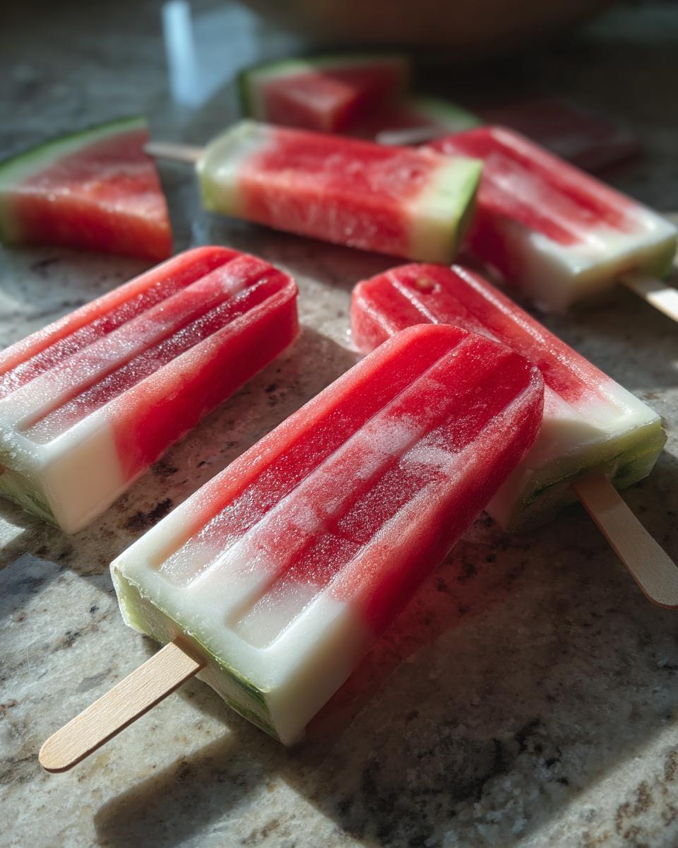 Close-up of refreshing watermelon coconut lime popsicles on a marble countertop, perfect for kids.