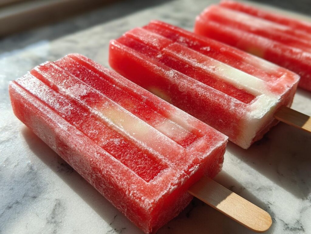 Close-up of three refreshing watermelon coconut lime popsicles on a marble surface, perfect for kids.