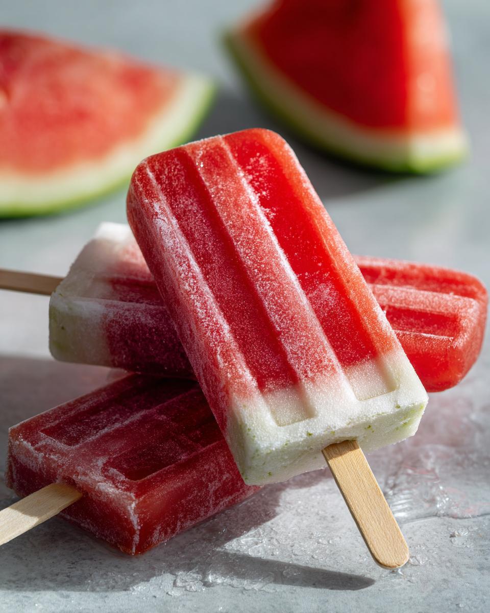 Close-up of refreshing watermelon recipes with coconut lime popsicles, layered with red watermelon and white coconut lime.