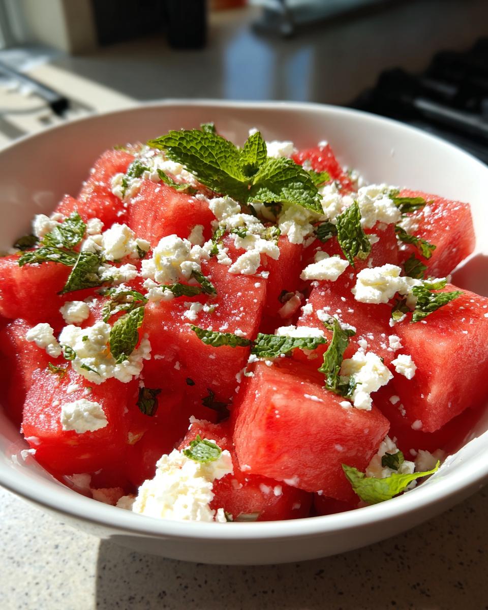 Close-up of a refreshing watermelon salad with crumbled feta cheese and fresh mint leaves.