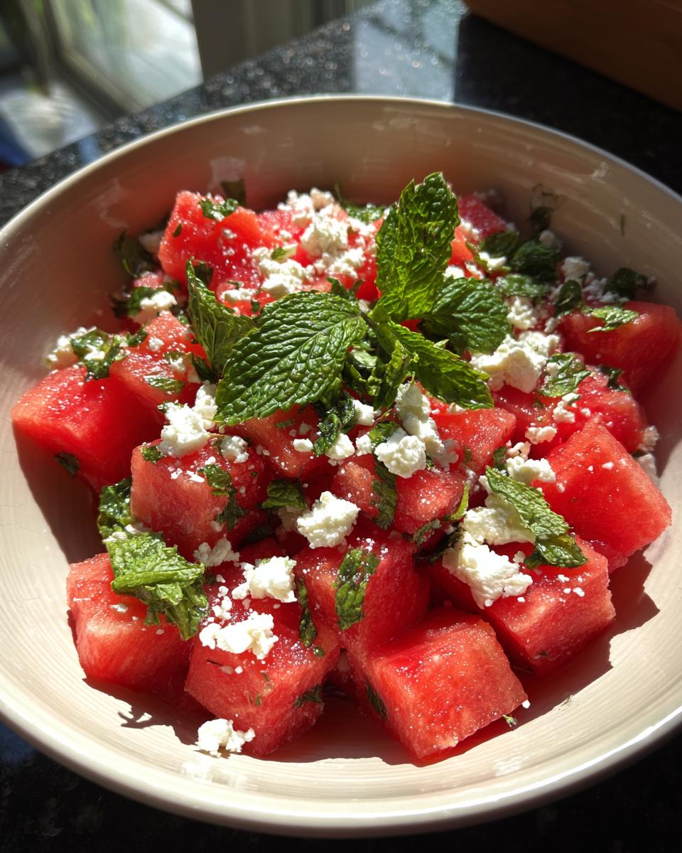 Close-up of a refreshing watermelon salad with crumbled feta cheese and fresh mint leaves.