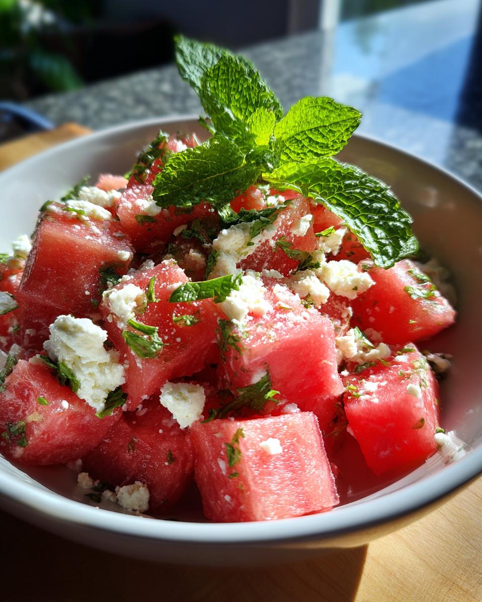 Close-up of a vibrant watermelon salad with feta cheese and fresh mint leaves, perfect for summer.