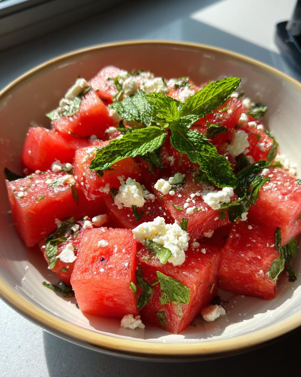 Refreshing watermelon salad with feta cheese and fresh mint leaves, perfect for hot summer days.