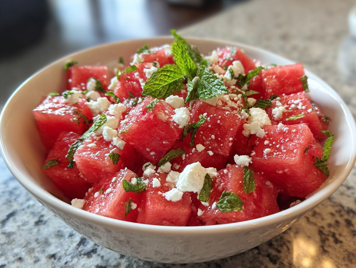 Close-up of a refreshing watermelon salad with feta cheese and mint in a white bowl, perfect for summer.