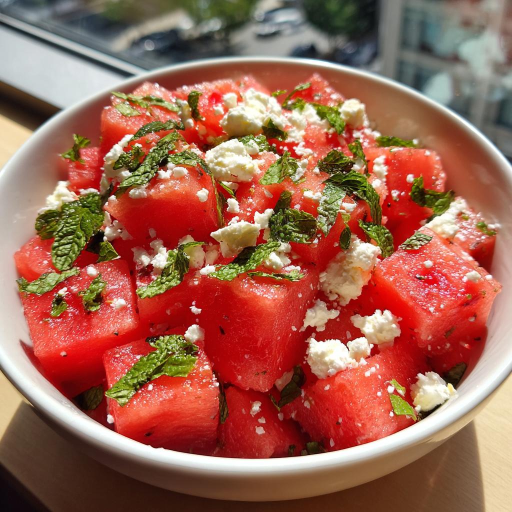 Close-up of a bowl filled with cubed watermelon, crumbled feta cheese, and fresh mint leaves, perfect for watermelon recipes.