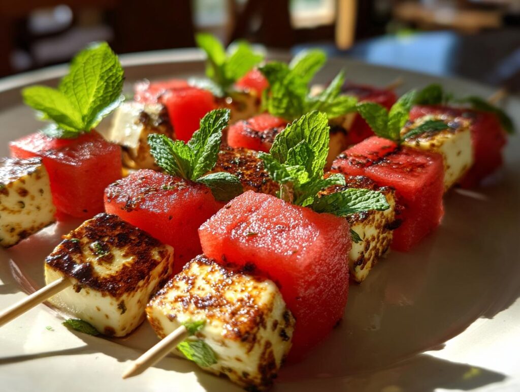 Close-up of grilled watermelon and halloumi cheese skewers, garnished with fresh mint leaves.