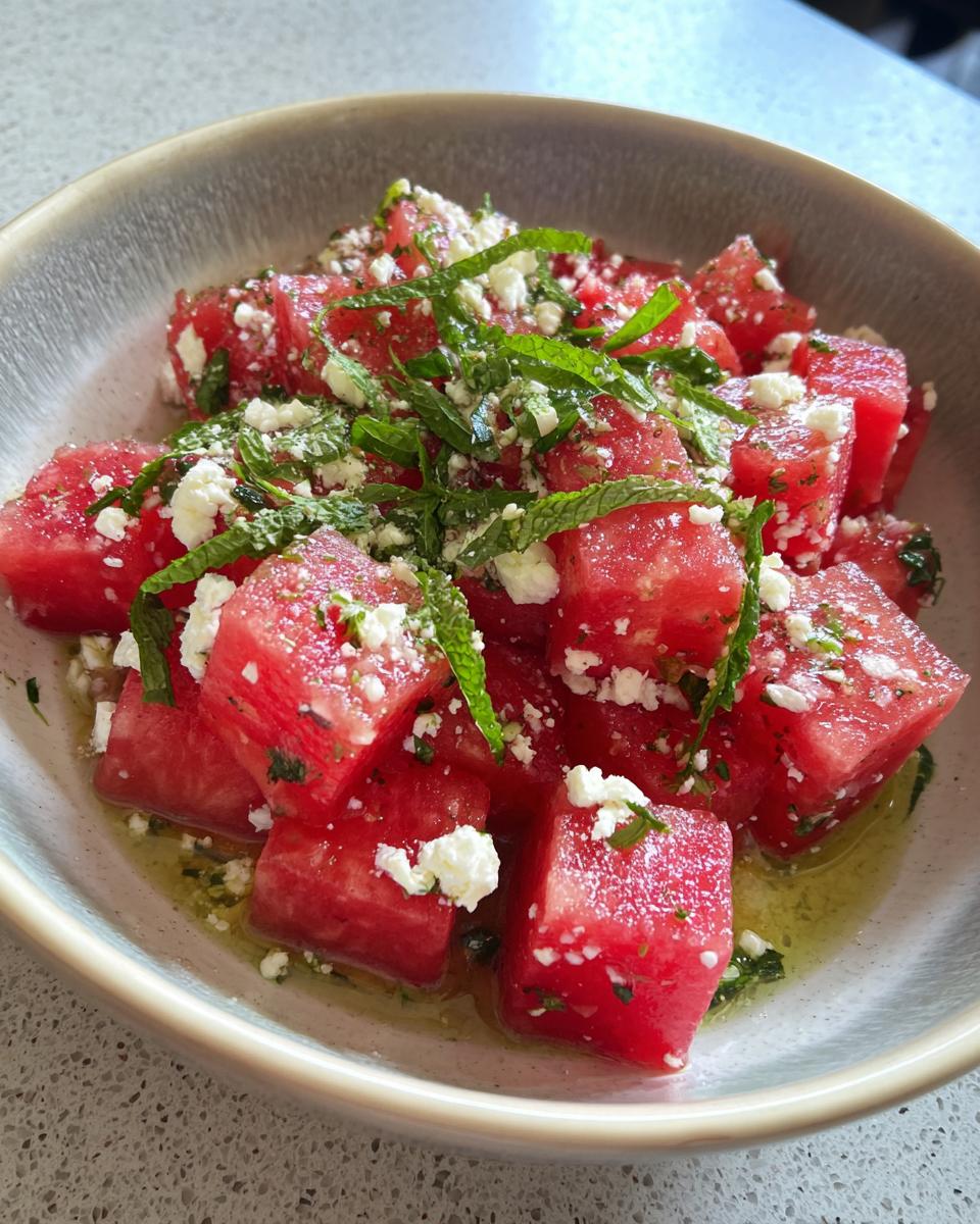 A refreshing summer salad with cubed watermelon, crumbled feta cheese, and fresh mint leaves.