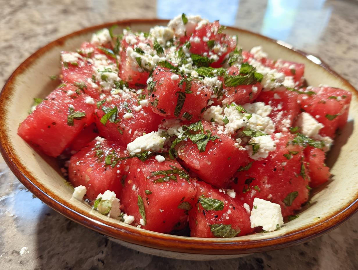 Close-up of a refreshing summer salad with cubed watermelon, crumbled feta cheese, and fresh mint leaves.