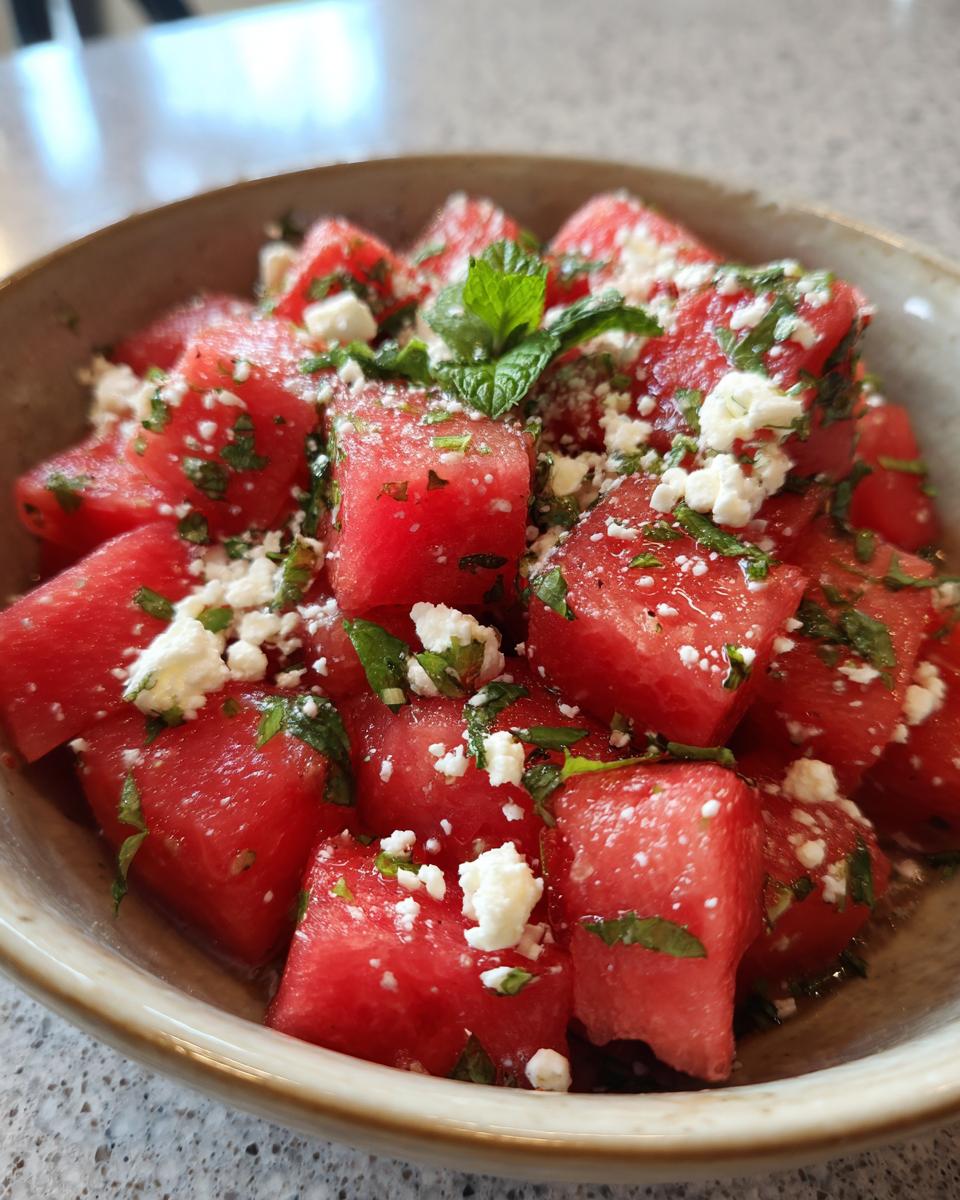 Close-up of a refreshing summer salad with cubed watermelon, crumbled feta cheese, and fresh mint leaves.