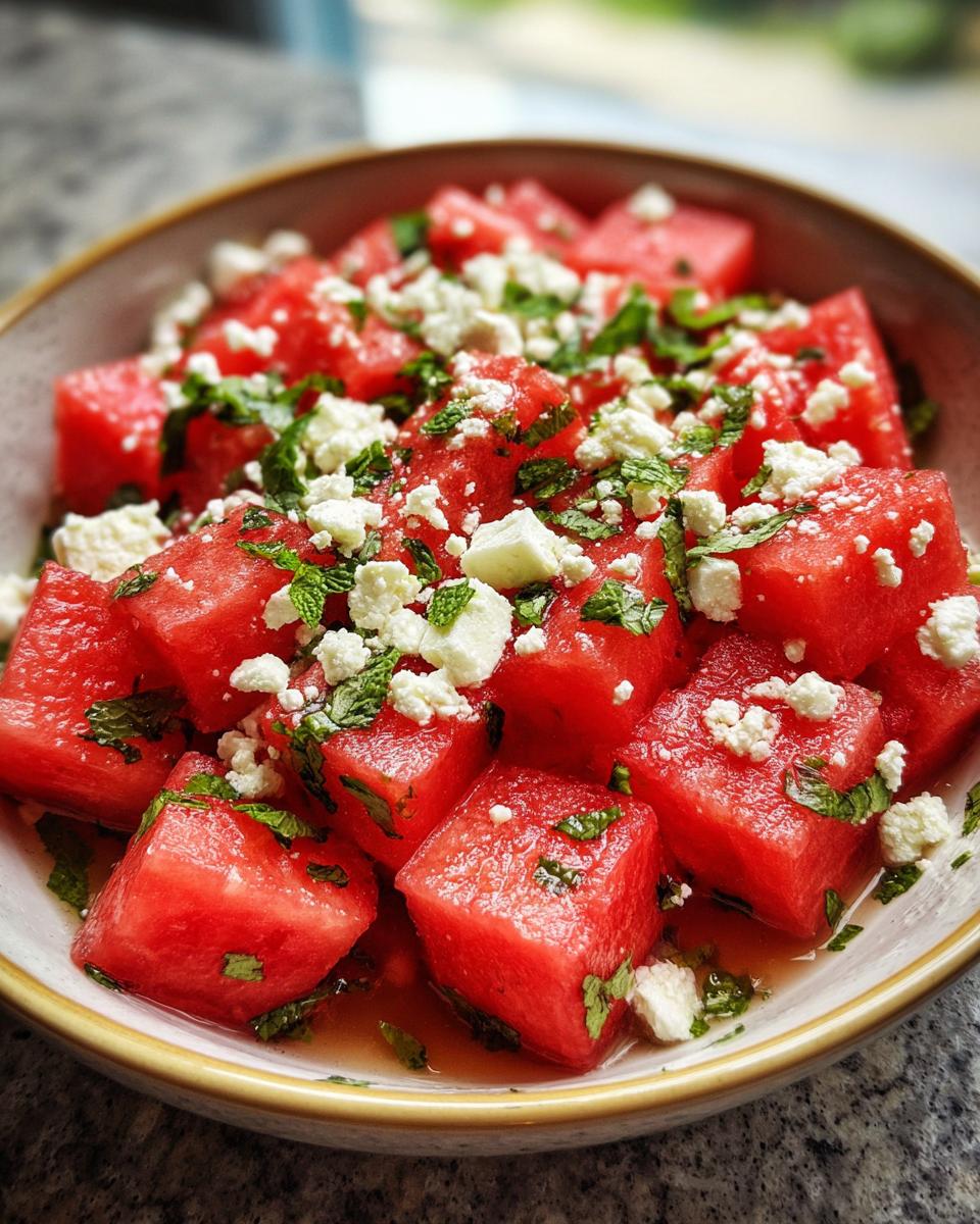 Close-up of a refreshing summer salad with cubed watermelon, crumbled feta cheese, and fresh mint leaves.