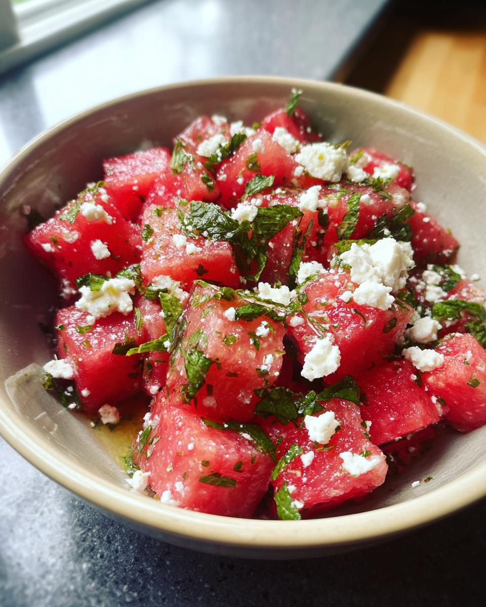 Close-up of a refreshing summer salad with cubed watermelon, crumbled feta cheese, and fresh mint leaves.