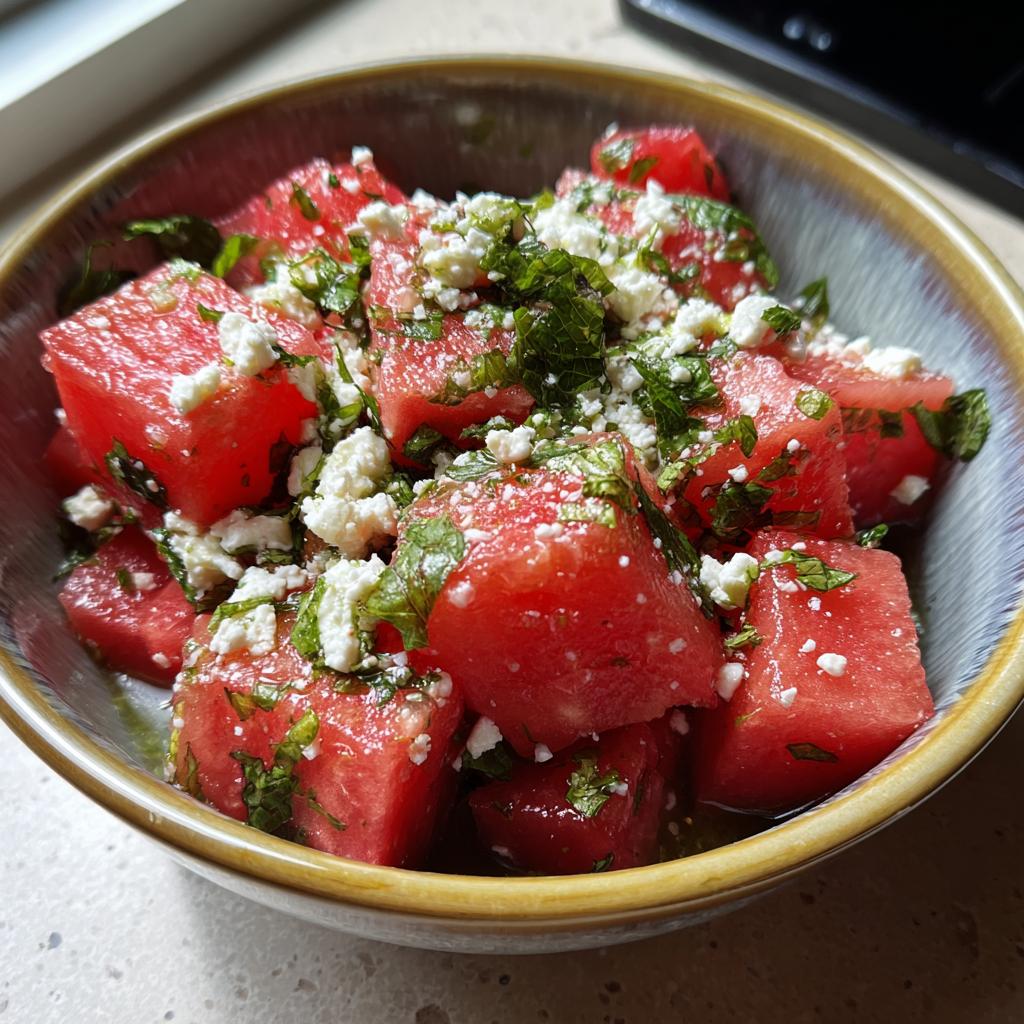 Close-up of a refreshing summer salad with cubed watermelon, crumbled feta cheese, and fresh mint.