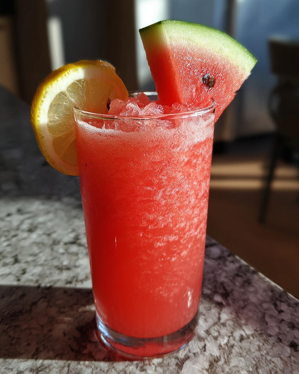 A refreshing glass of watermelon recipe with frozen lemonade, garnished with a slice of watermelon and lemon.