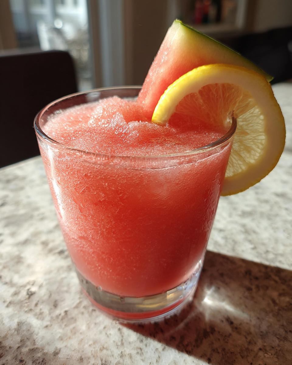 A refreshing glass of watermelon recipe with frozen lemonade, garnished with watermelon and lemon slices.