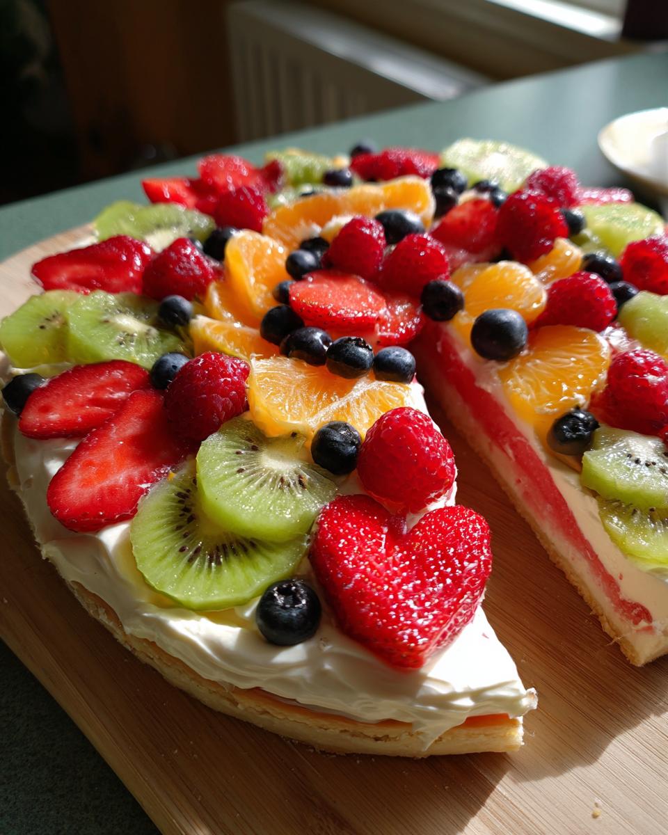 A slice of Watermelon Recipes With Berry Fruit Pizza, topped with whipped cream and fresh berries and kiwi.