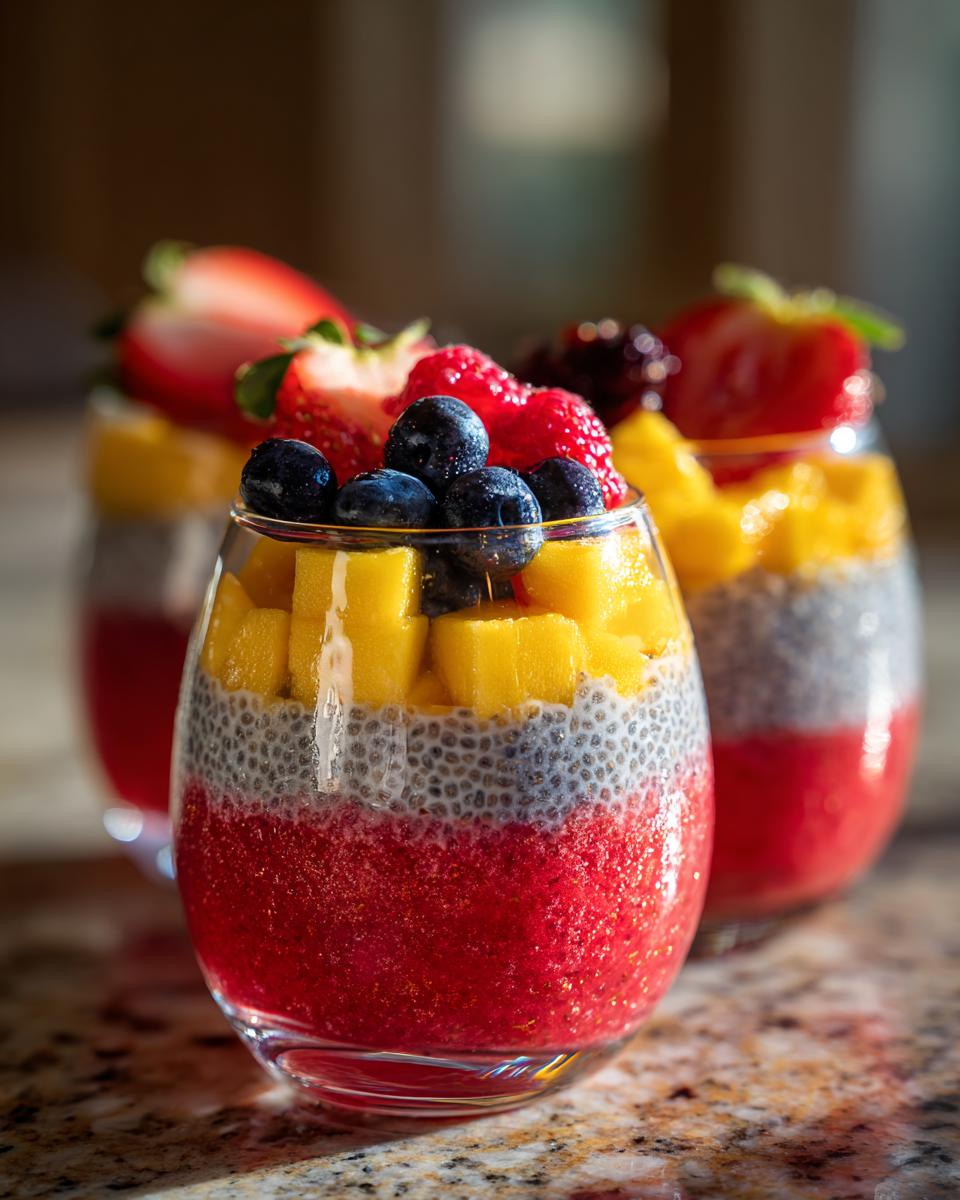 Close-up of layered watermelon chia parfaits with fresh berries and mango chunks.