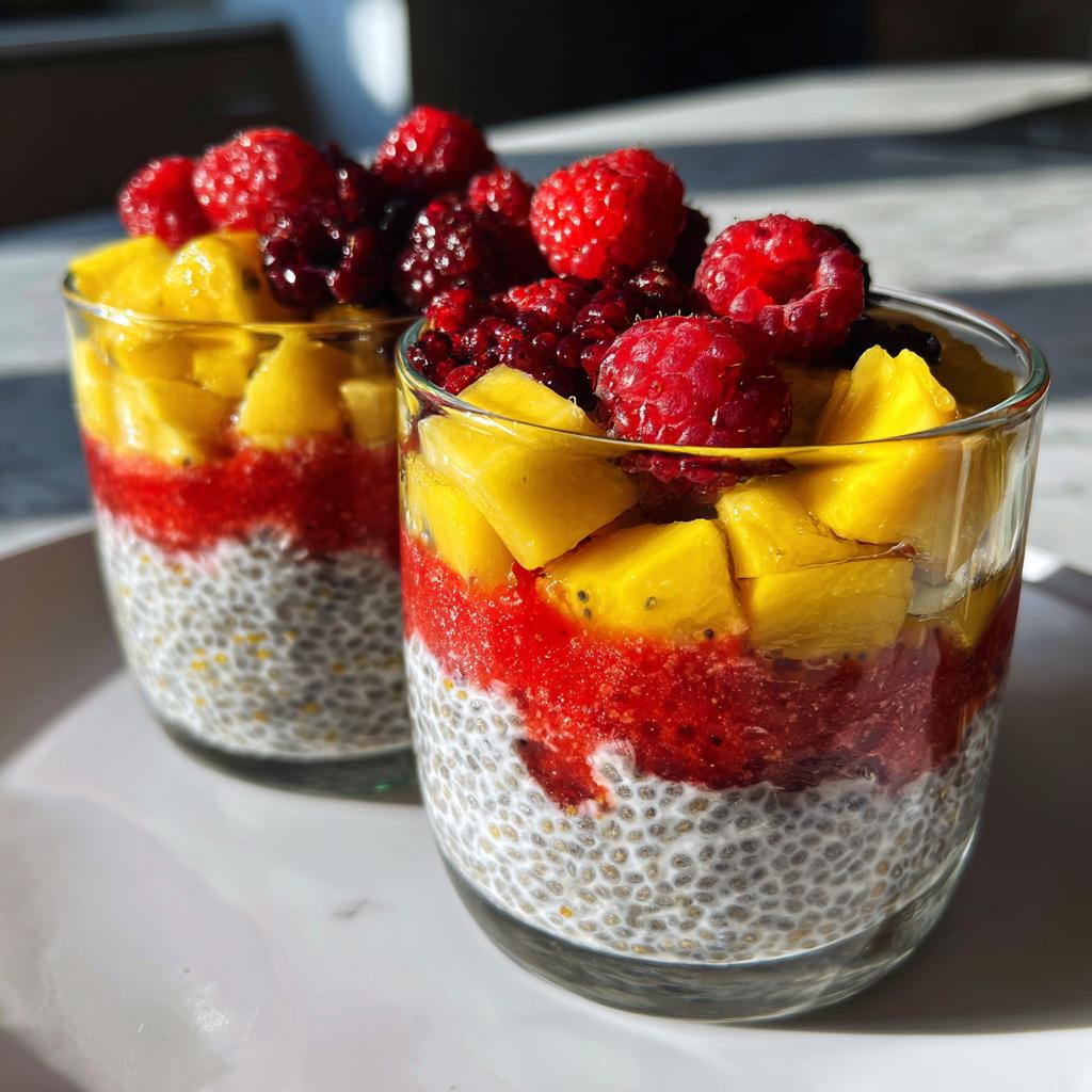 Two glasses of layered watermelon recipes for chia parfaits, topped with fresh berries and mango.