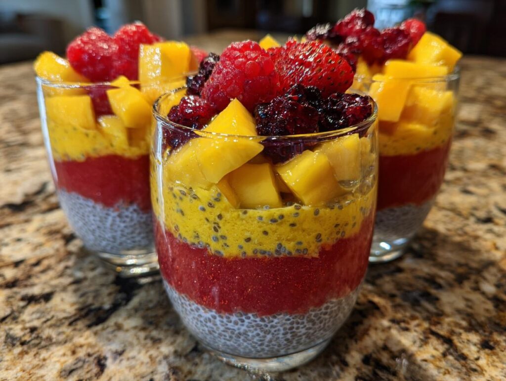 Three glasses filled with layered watermelon recipes for chia parfaits, featuring chia pudding, fruit puree, mango chunks, and berries.