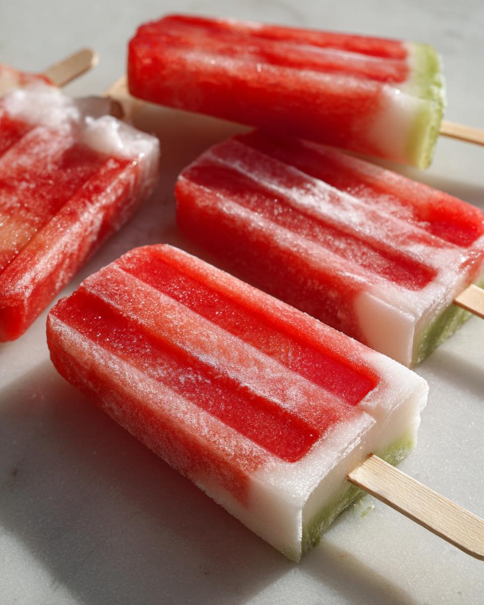 Close-up of refreshing watermelon recipes with coconut lime popsicles, layered with red watermelon and white coconut.