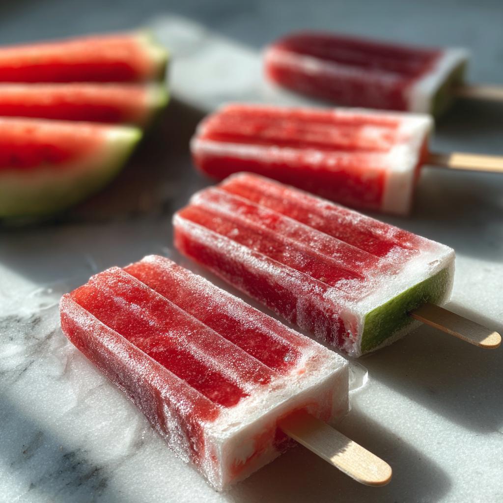 Close-up of refreshing watermelon recipes with coconut lime popsicles, with watermelon slices in the background.