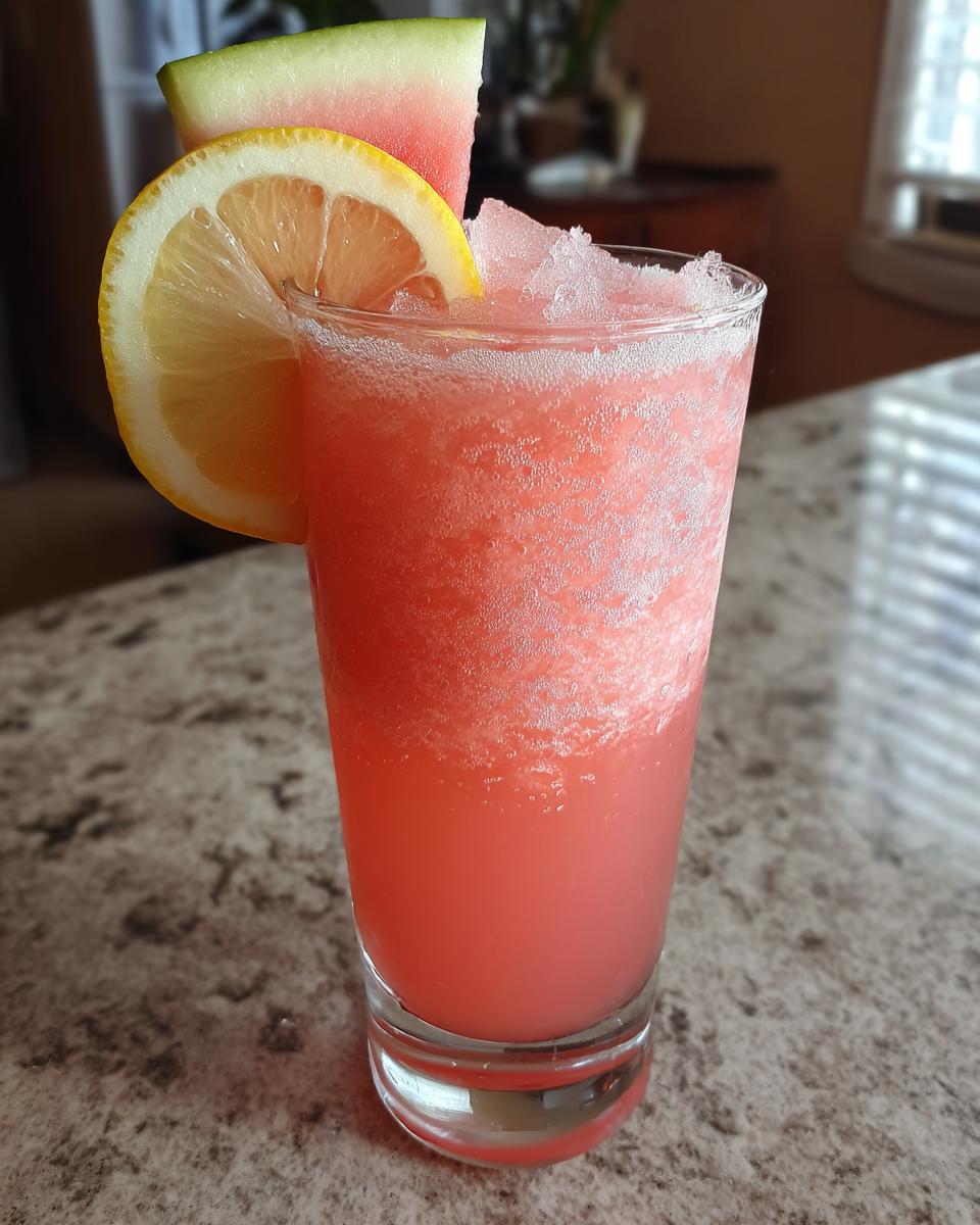 A refreshing watermelon drink with frozen lemonade, garnished with a lemon slice and watermelon wedge.