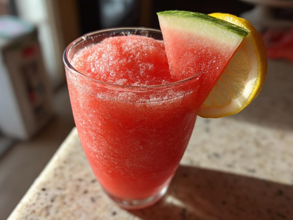 A refreshing glass of watermelon drink with frozen lemonade, garnished with a slice of watermelon and lemon.