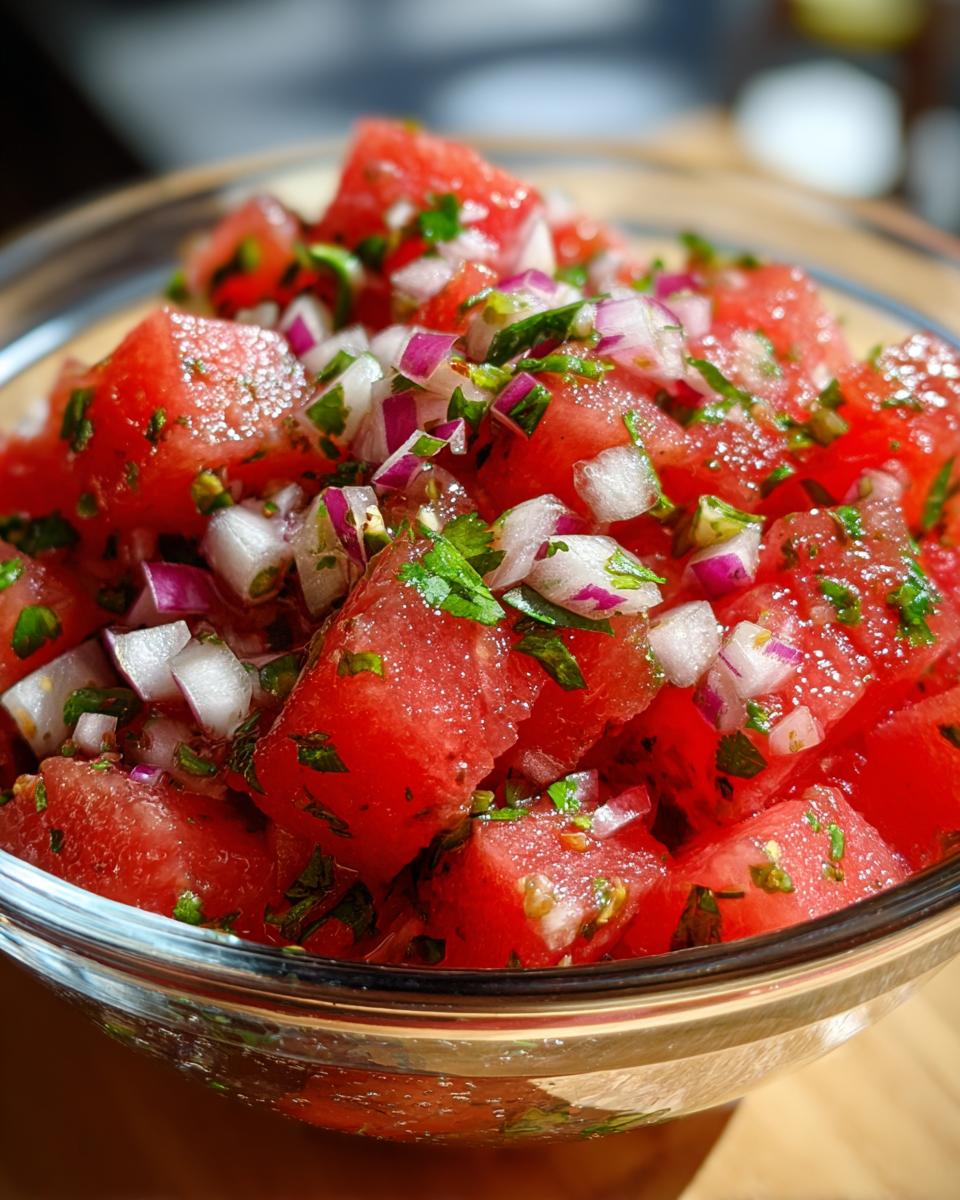 Close-up of fresh watermelon salsa with diced watermelon, red onion, and cilantro in a glass bowl.