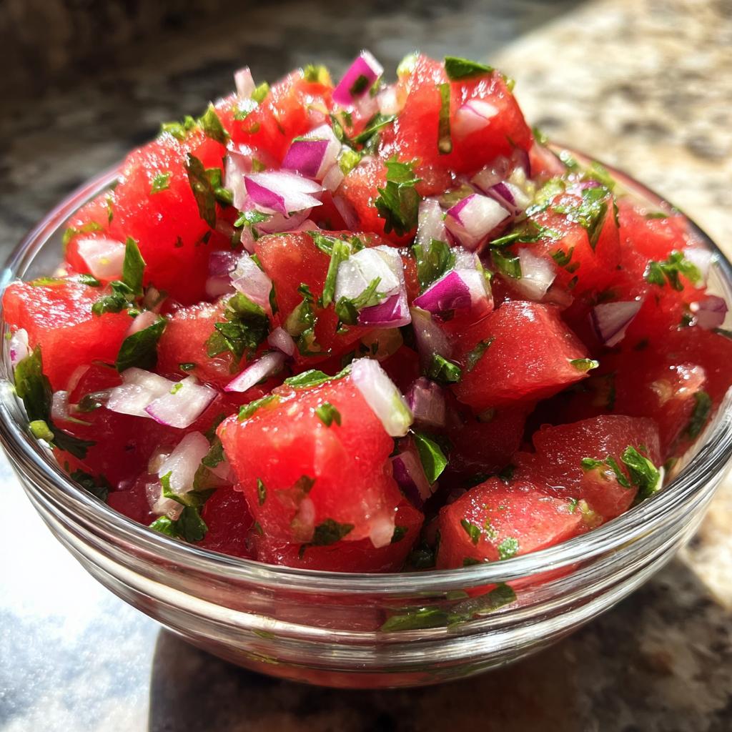 Close-up of a clear bowl filled with fresh watermelon salsa, featuring diced watermelon, red onion, and cilantro.