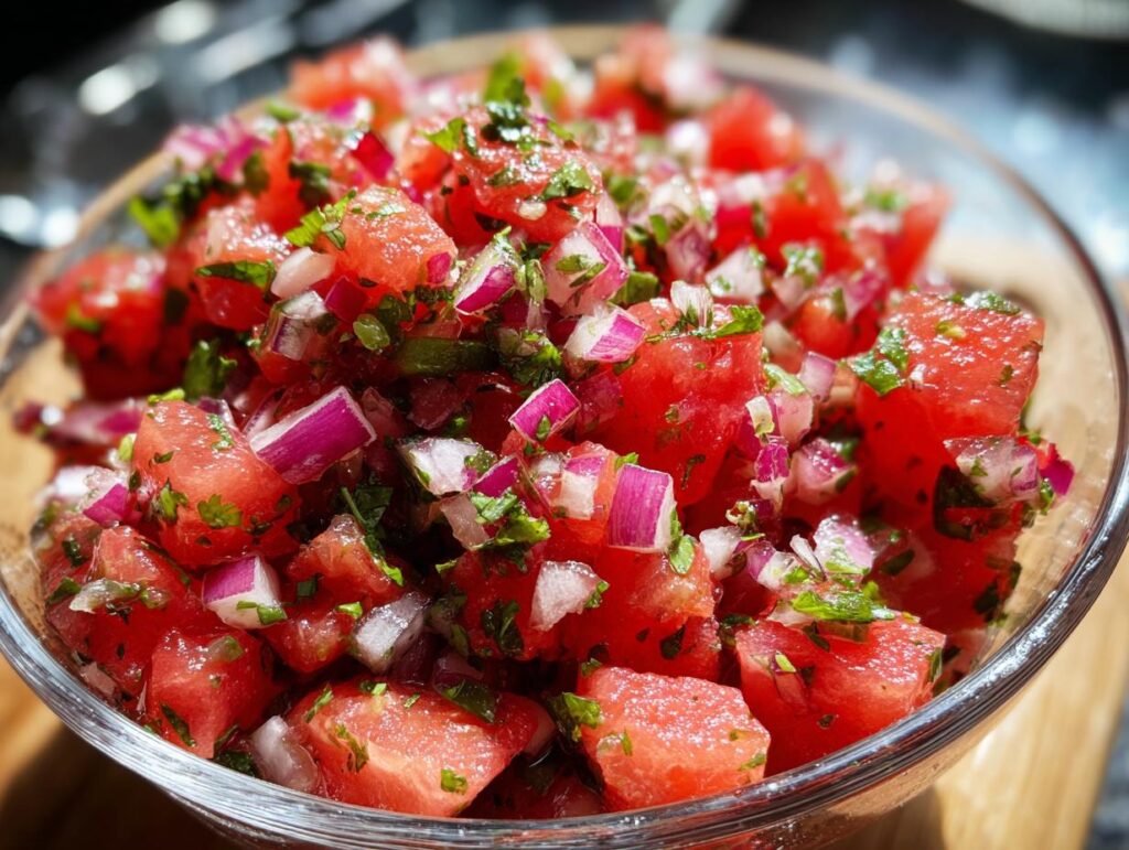 A close-up of a clear bowl filled with vibrant watermelon salsa, featuring diced watermelon, red onion, and cilantro.