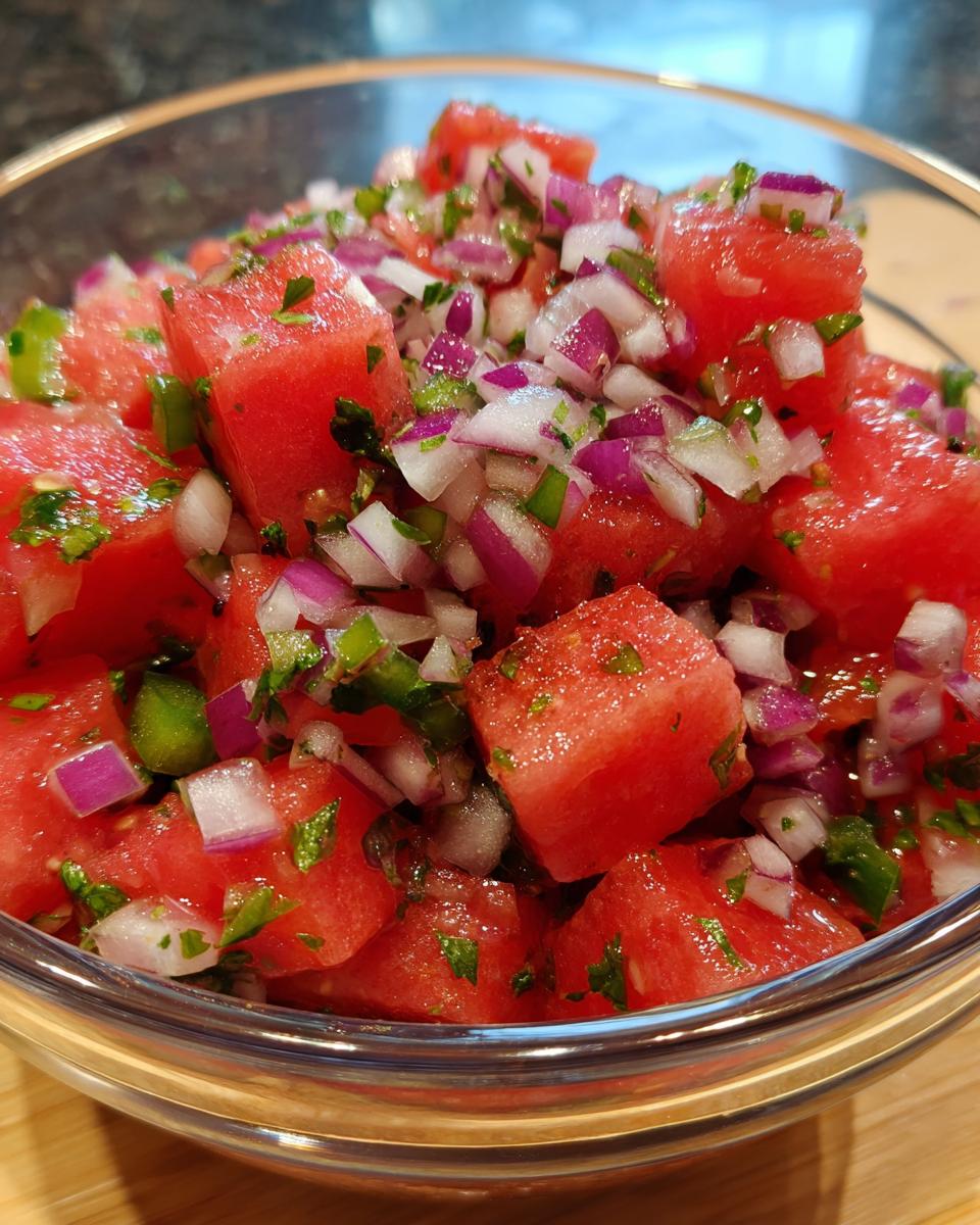 Close-up of a clear bowl filled with fresh watermelon salsa, featuring diced watermelon, red onion, jalapeño, and cilantro.