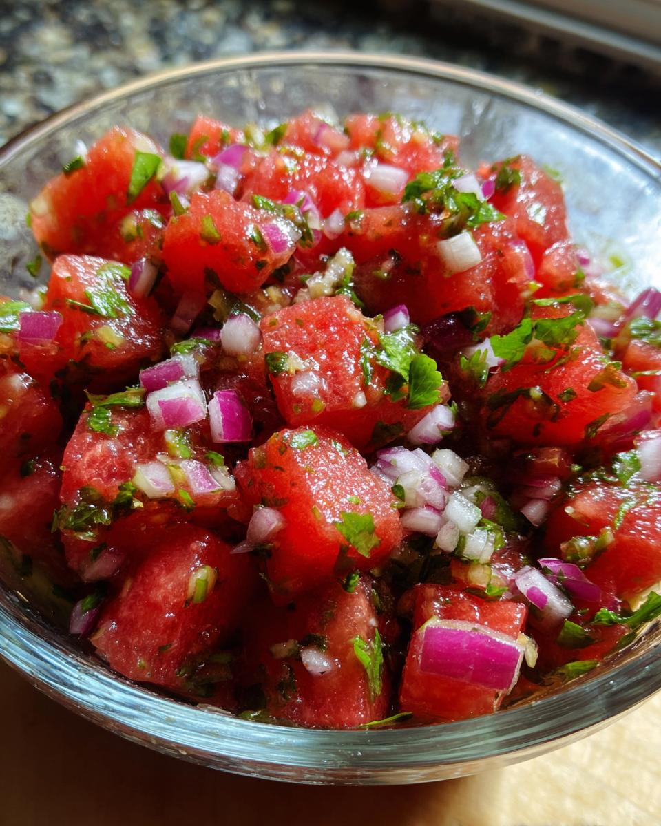 Close-up of a glass bowl filled with fresh watermelon salsa, featuring diced watermelon, red onion, and cilantro.