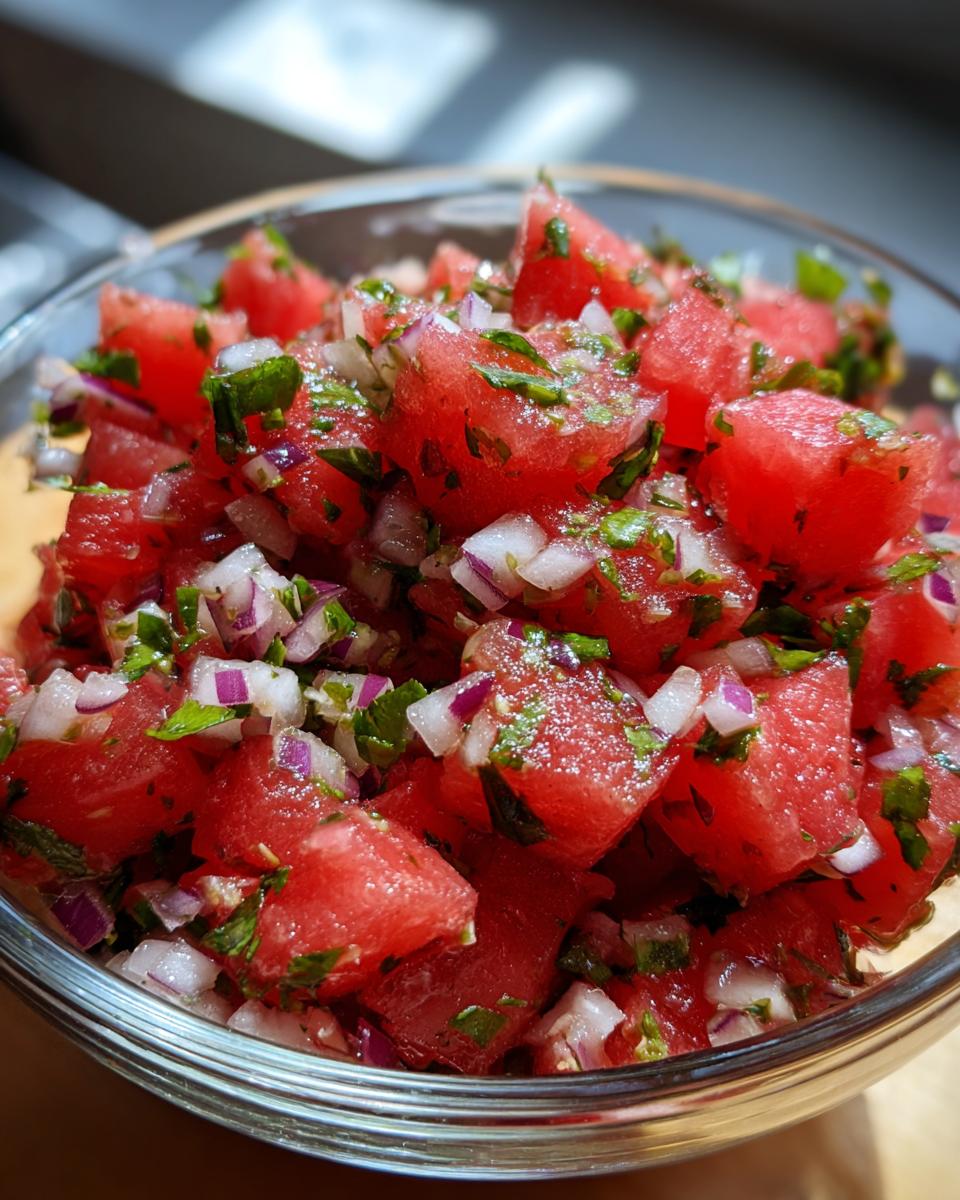 Close-up of a bowl filled with vibrant watermelon salsa, featuring diced watermelon, red onion, and cilantro.