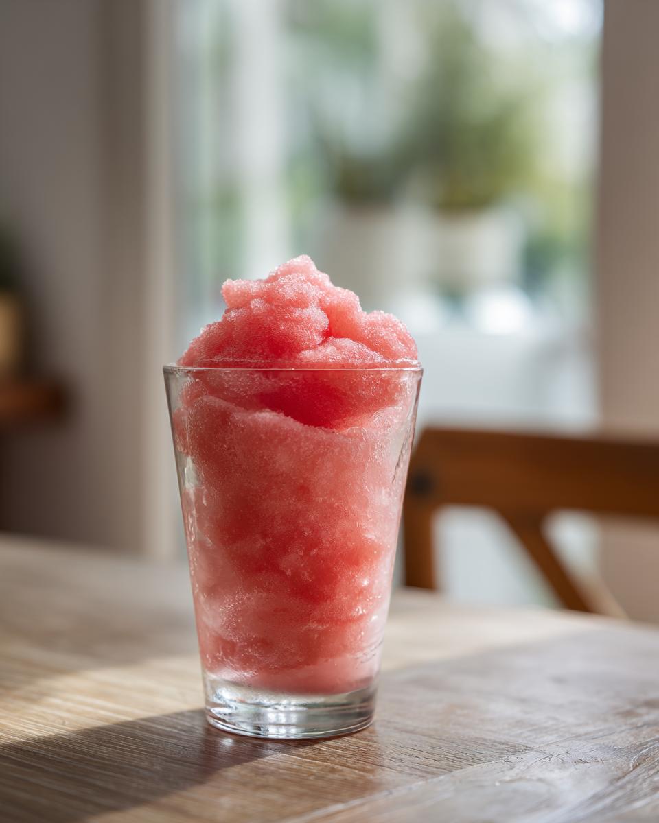 A tall glass filled with a frosty, pink watermelon slushy drink, perfect for summer.