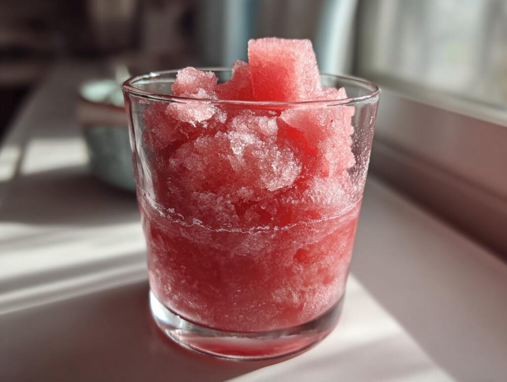 A close-up of a glass filled with a frosty watermelon slushy drink, topped with fresh watermelon cubes.