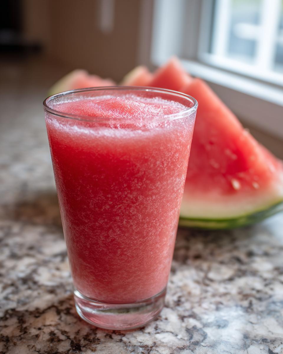 A tall glass filled with a frosty watermelon slushy drink, with watermelon wedges in the background.