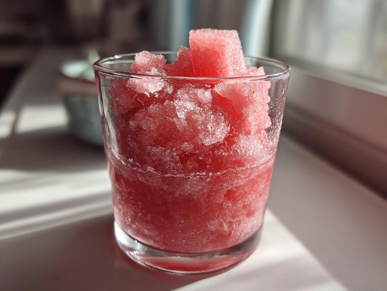 A close-up of a glass filled with a frosty watermelon slushy drink, topped with fresh watermelon cubes.