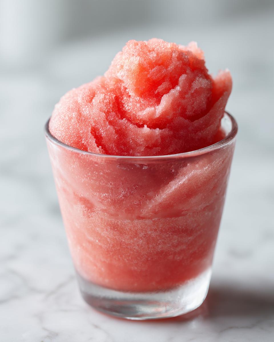A close-up of a glass filled with a frosty, pink watermelon slushy drink.