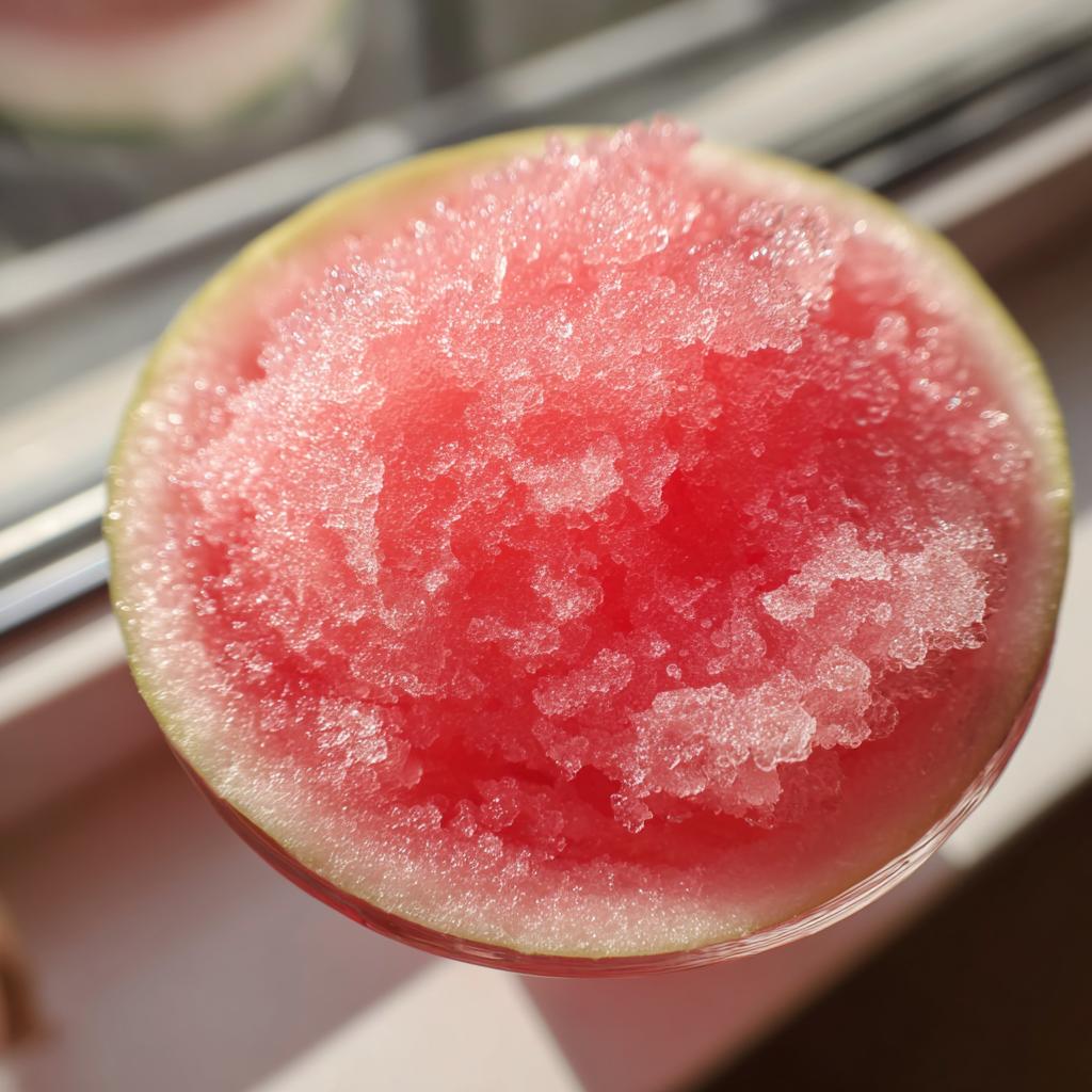 Close-up of a refreshing watermelon slushy drink served in a hollowed-out watermelon half.