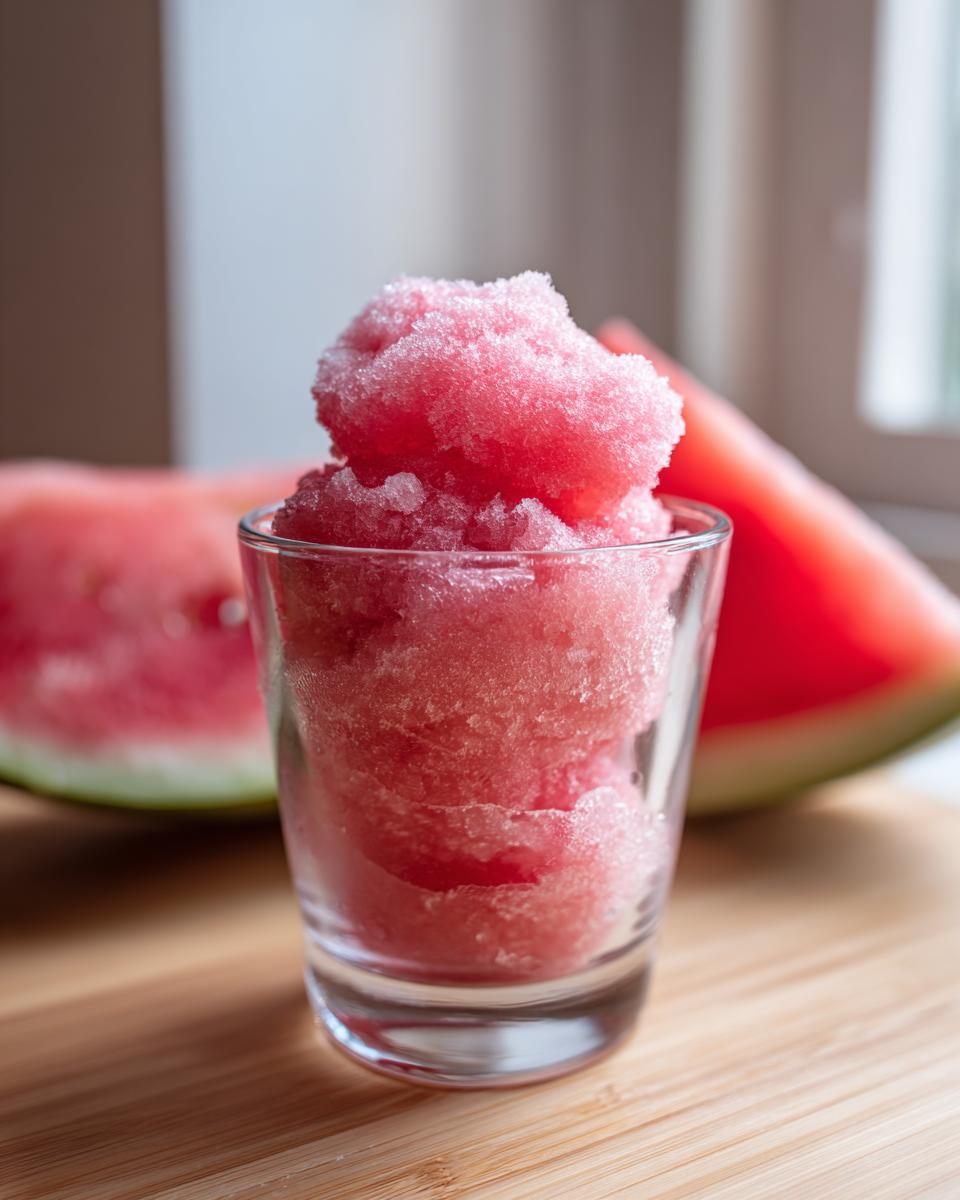 A close-up of a glass filled with a pink watermelon slushy, with a slice of watermelon in the background.