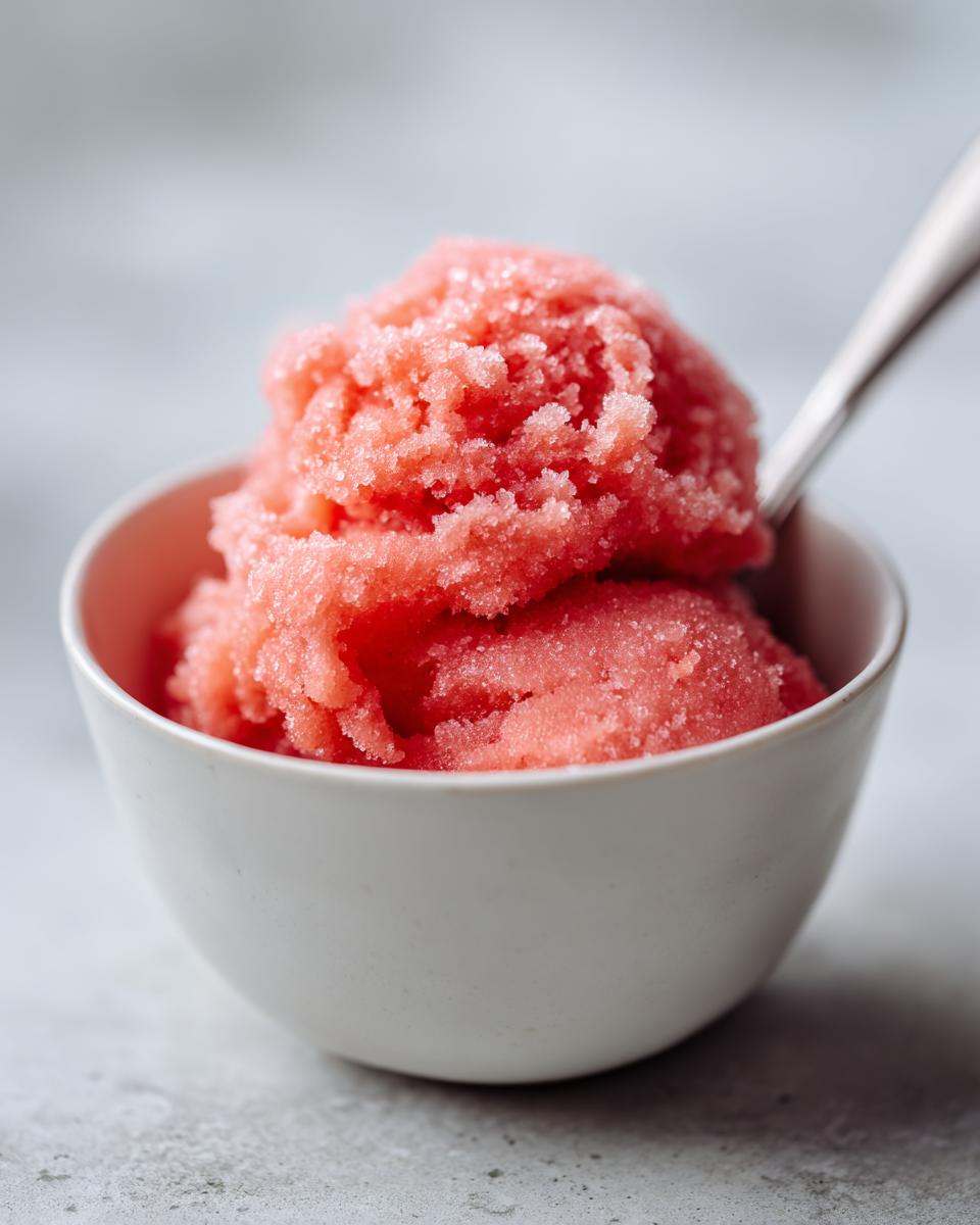 A close-up of a white bowl filled with scoops of pink watermelon sorbet, with a spoon resting in it.
