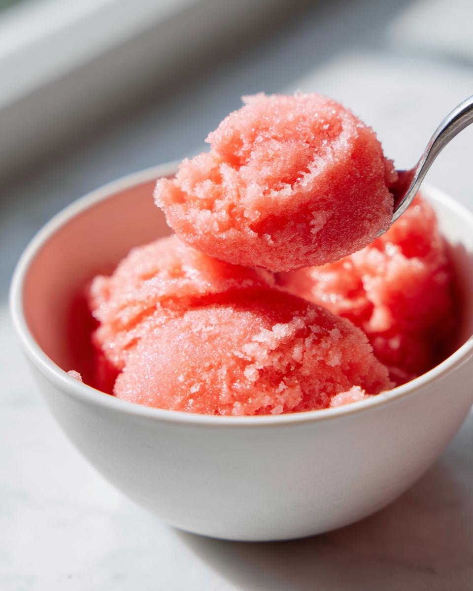 A spoonful of vibrant pink watermelon sorbet being lifted from a white bowl, showcasing its icy texture.
