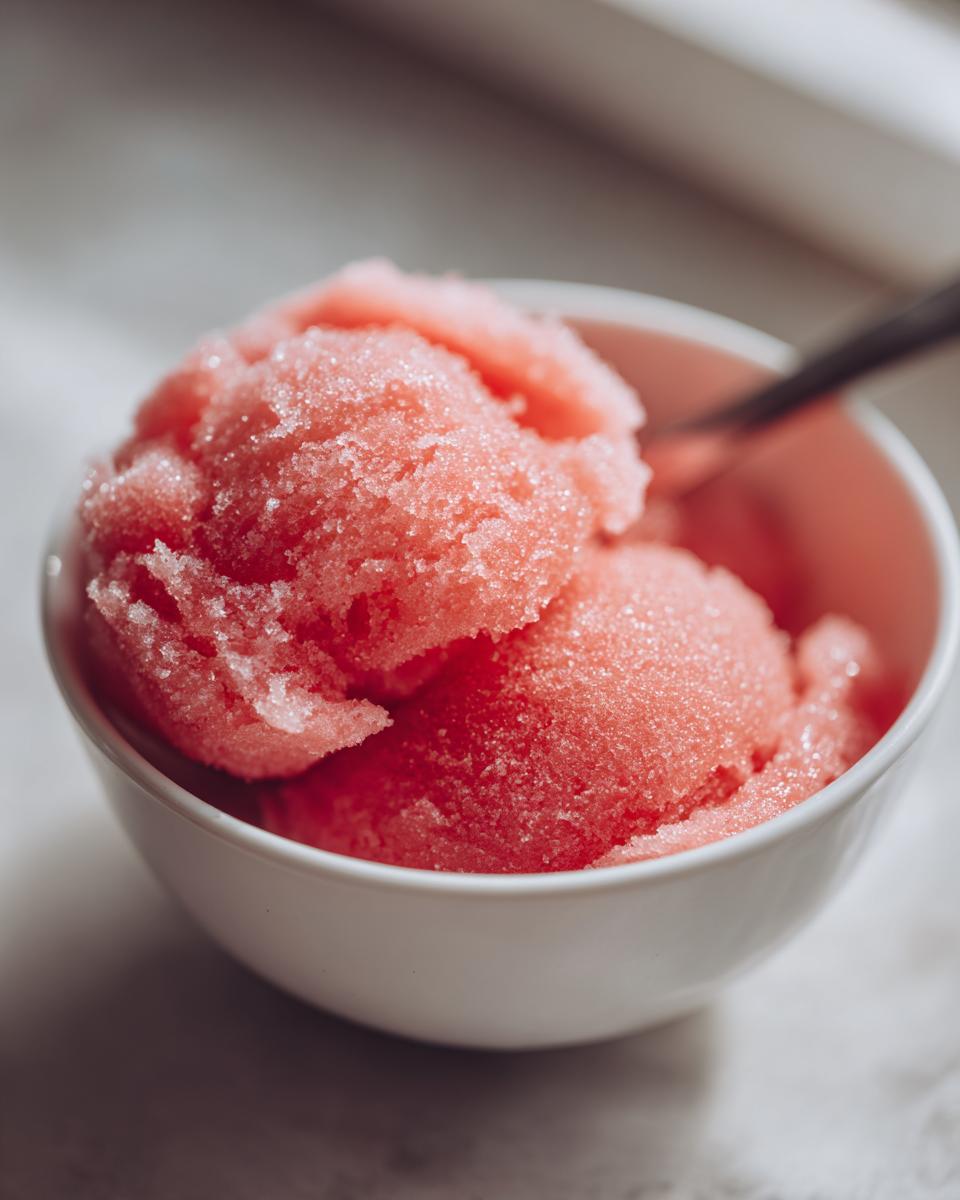 A close-up of a white bowl filled with scoops of bright pink, icy watermelon sorbet, with a spoon resting inside.