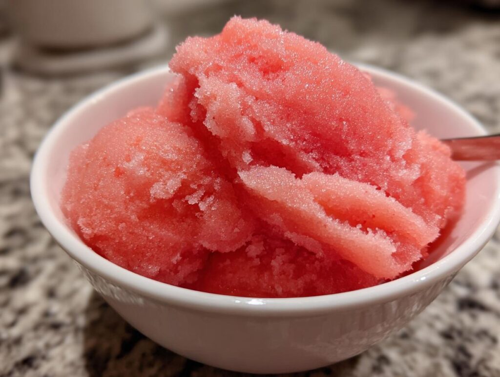 A white bowl filled with vibrant pink watermelon sorbet, showcasing its icy texture.