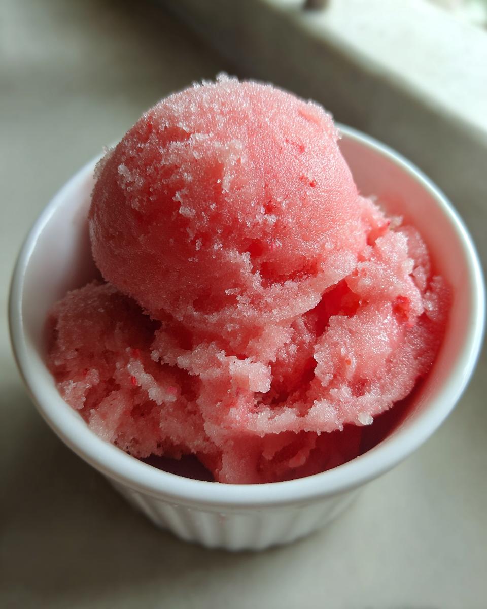 A close-up of two scoops of refreshing pink watermelon sorbet in a white ramekin.